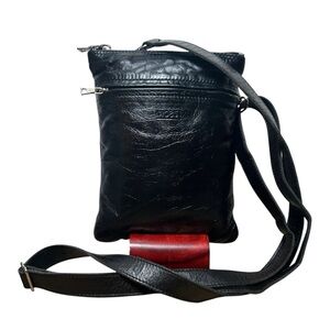 M0851 Essential Flat Back Mini Crossbody Bag in Black Aniline Leather EUC